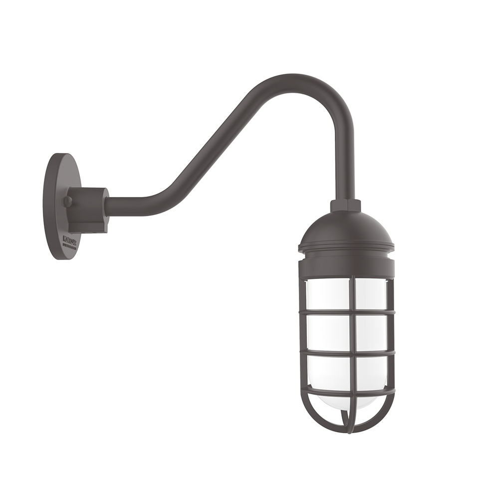 Vaportite, no shade, gooseneck wall mount with frosted glass and cast guard, Bronze Matte