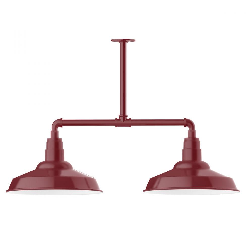 16" Warehouse shade, 2-light stem hung pendant with clear glass and cast guard, Barn Red