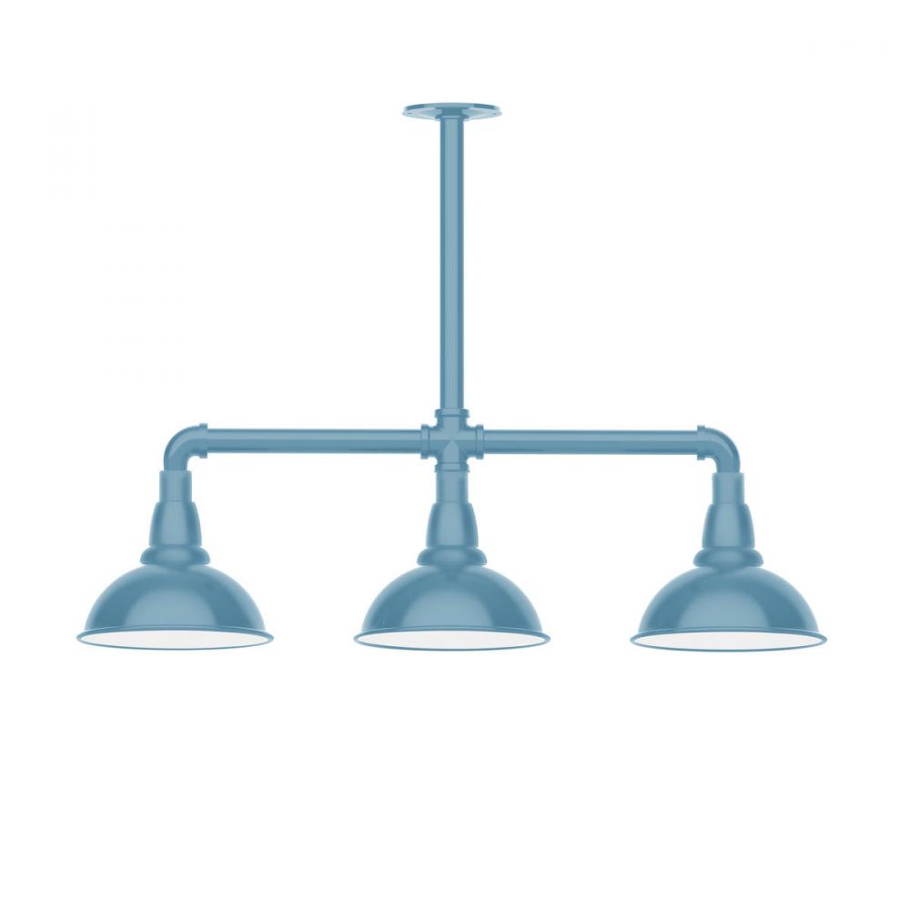 8" Cafe shade, 3-light stem hung pendant with wire grill, Light Blue
