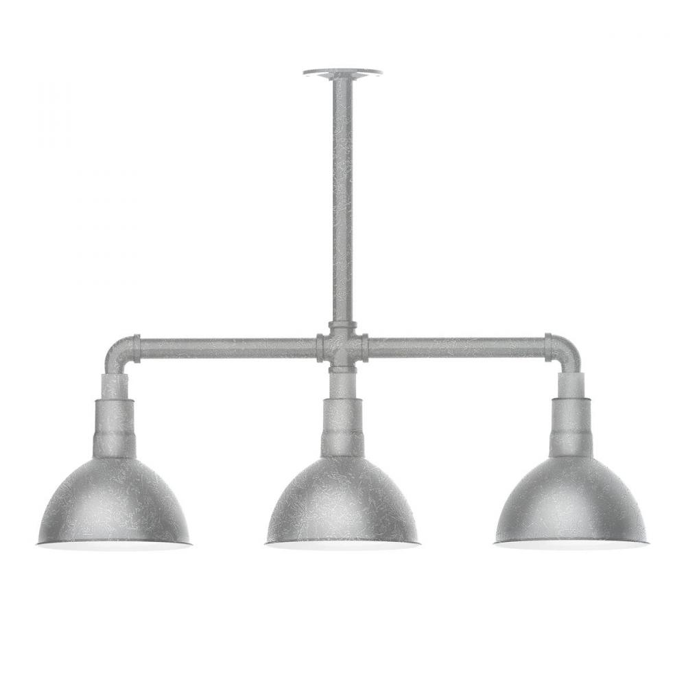 8" Deep Bowl shade, 3-light stem hung pendant with clear glass and cast guard, Painted Galvanize