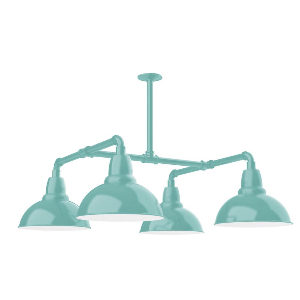 12" Cafe shade, 4-light stem hung pendant with clear glass and cast guard, Sea Green