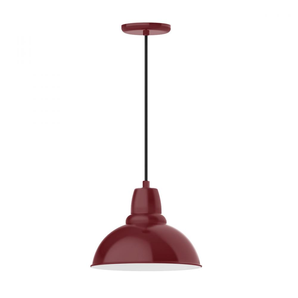 12" Cafe shade, pendant with red and white zig zag fabric cord and canopy, wire grill, Barn Red