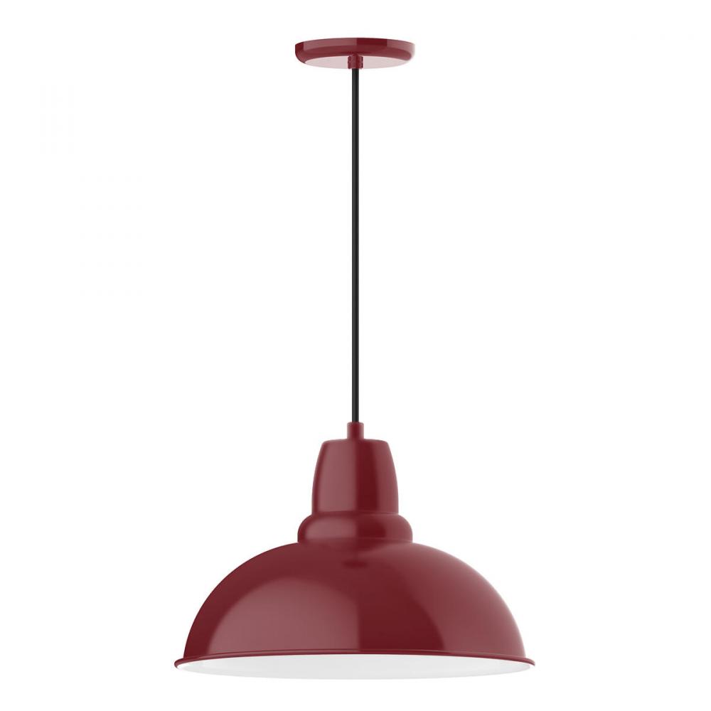 16" Cafe shade, pendant with red and white zig zag fabric cord and canopy, wire grill, Barn Red