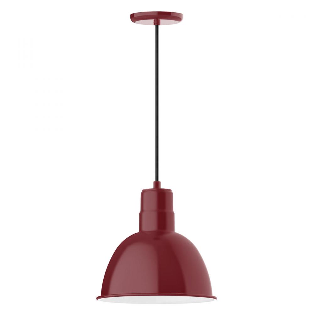 12" Deep Bowl shade, pendant w/ red & white zig zag fabric cord & canopy, clear glass & cast gua