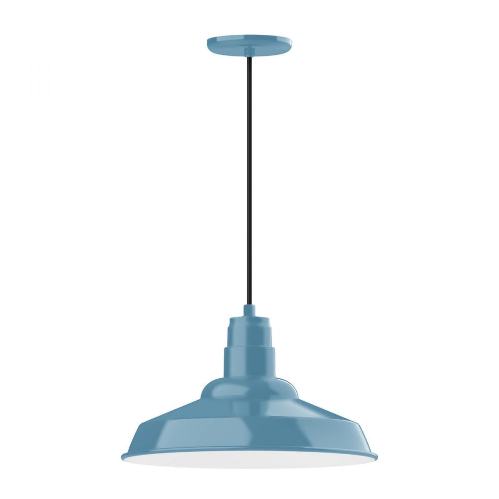 16" Warehouse shade, pendant with red and white zig zag fabric cord and canopy, Light Blue
