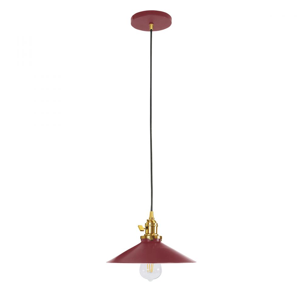 10" Uno Pendant, white solid fabric cord with canopy, Barn Red with Brushed Brass Hardware