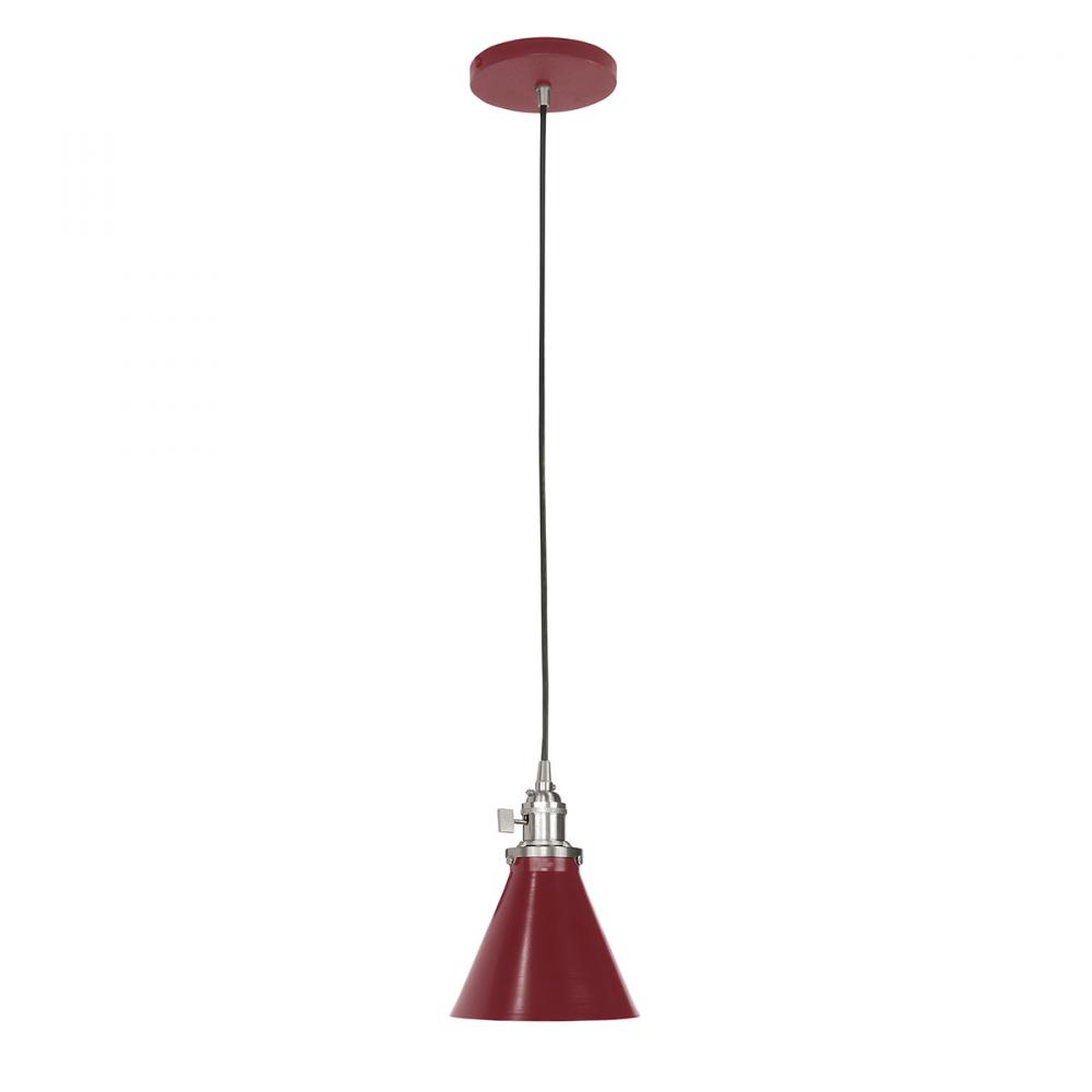 6" Uno Pendant, black solid fabric cord with canopy, Barn Red with Brushed Nickel Hardware