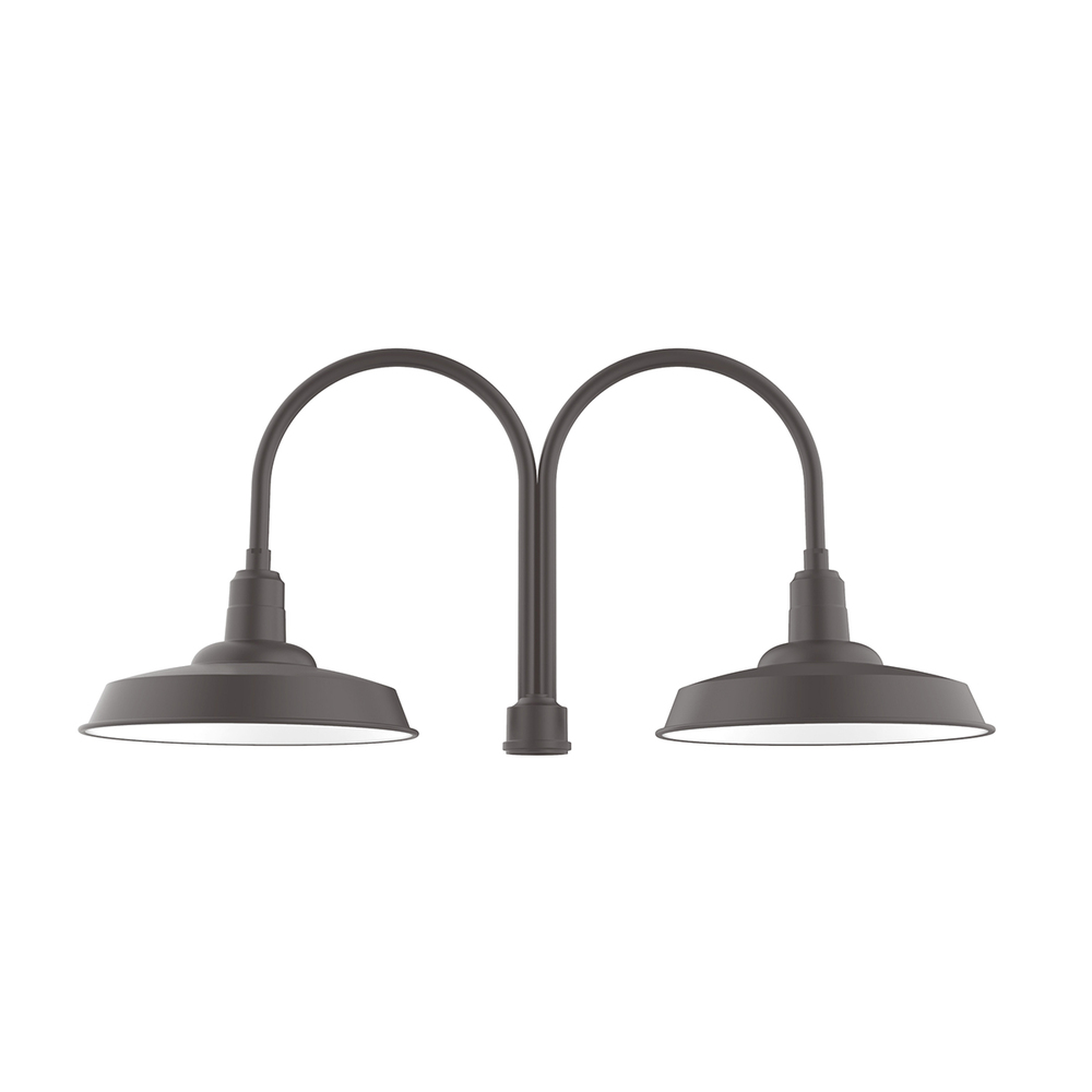 18" Warehouse shade, 2-light post top mount with clear glass and cast guard, Bronze Matte