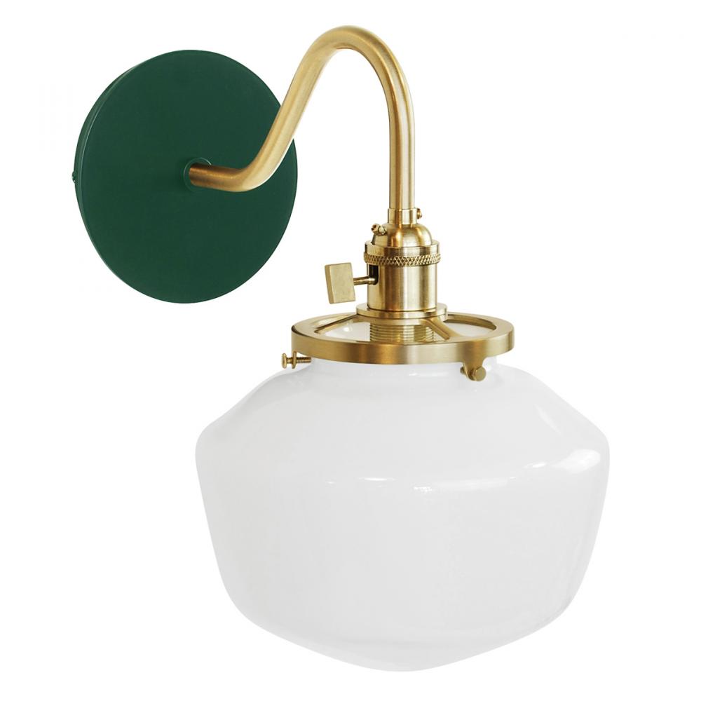 Uno 8" wall sconce, with Schoolhouse glass shade,  Forest Green with Brushed Brass hardware