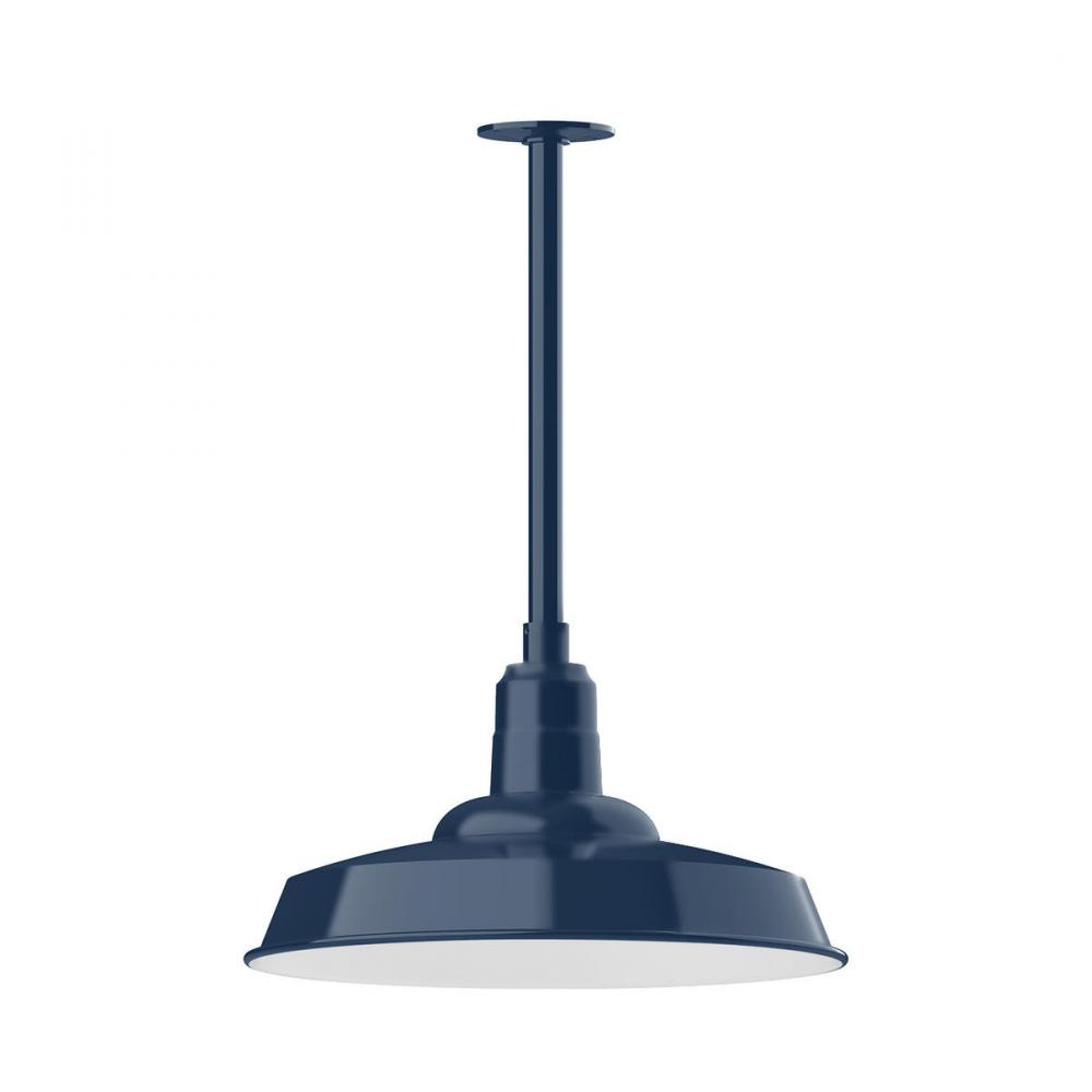18" Warehouse shade, stem mount pendant with clear glass and guard, Navy