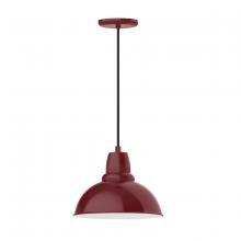 Montclair Light Works PEB106-55-C23-W12 - 12" Cafe shade, pendant with red and white zig zag fabric cord and canopy, wire grill, Barn Red