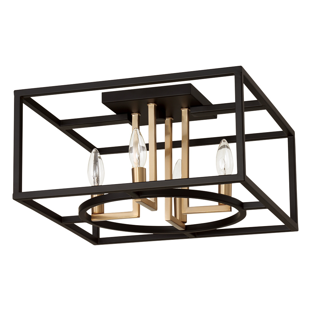 Open frame ceiling light With a matte black and gold finish