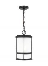 Generation-Seagull 6290901-12 - Wilburn modern 1-light outdoor exterior ceiling hanging pendant lantern in black finish with satin e