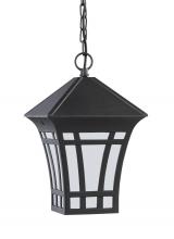 Generation-Seagull 69131-12 - Herrington transitional 1-light outdoor exterior hanging ceiling pendant in black finish with etched