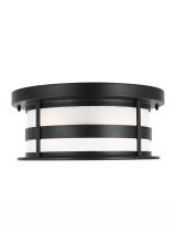 Generation-Seagull 7890902-12 - Wilburn modern 2-light outdoor exterior ceiling flush mount in black finish with satin etched glass