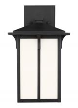Generation-Seagull 8552701-12 - Tomek modern 1-light outdoor exterior small wall lantern sconce in black finish with etched white gl
