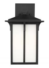 Generation-Seagull 8652701-12 - Tomek modern 1-light outdoor exterior medium wall lantern sconce in black finish with etched white g