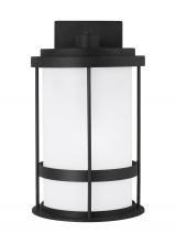 Generation-Seagull 8690901-12 - Wilburn modern 1-light outdoor exterior medium wall lantern sconce in black finish with satin etched