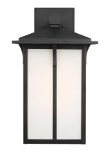 Generation-Seagull 8752701-12 - Tomek modern 1-light outdoor exterior large wall lantern sconce in black finish with etched white gl
