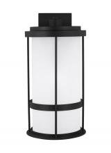 Generation-Seagull 8790901-12 - Wilburn modern 1-light outdoor exterior large wall lantern sconce in black finish with satin etched