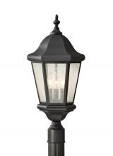 Generation-Seagull OL5907BK - Martinsville traditional 3-light outdoor exterior post lantern in black finish with clear seeded gla