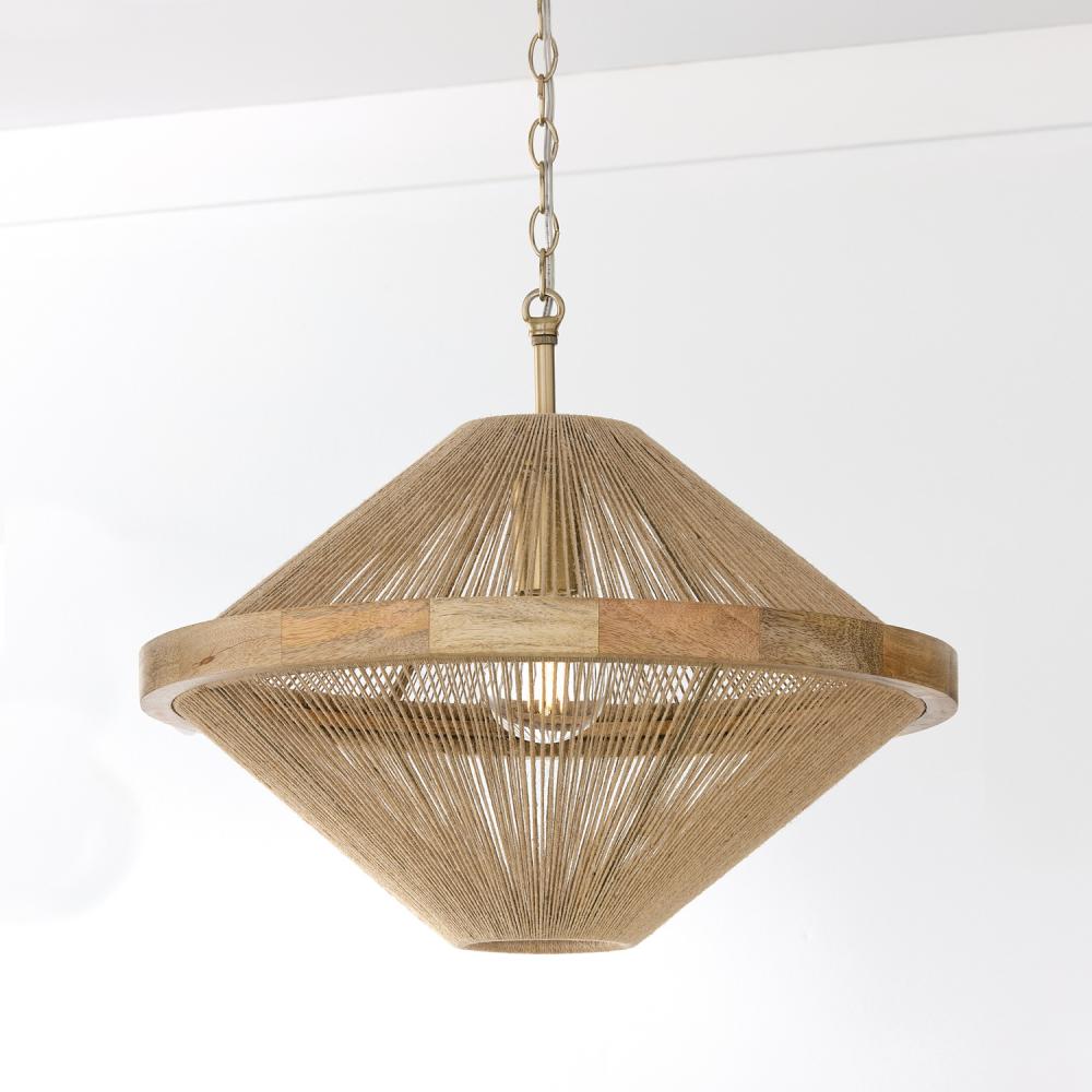 1-Light Dual Mount Pendant in Matte Brass with Mango Wood and Handwrapped Natural Jute Rope String