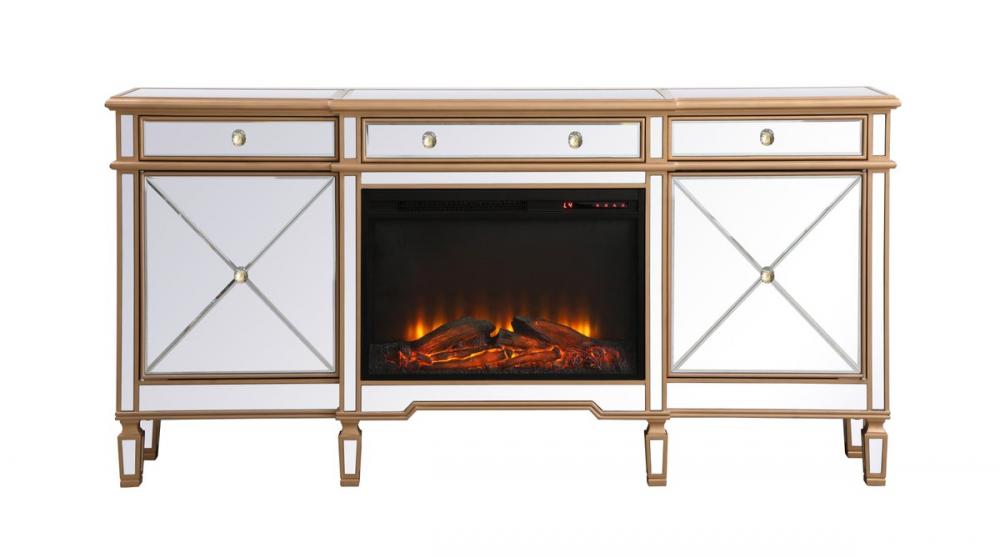Contempo 72 in. mirrored credenza with wood fireplace in antique gold